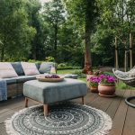 Garden patio decorated with Scandinavian wicker sofa and coffee table