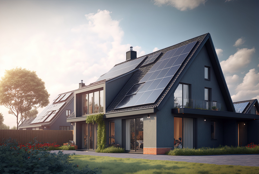 newly constructed homes with solar panels on the roof under a bright sky A close up of a brand new structure with dark solar panels. Zonneenergie, Zonnepanelen, Translation Sun Energy, solar panel. Generative AI